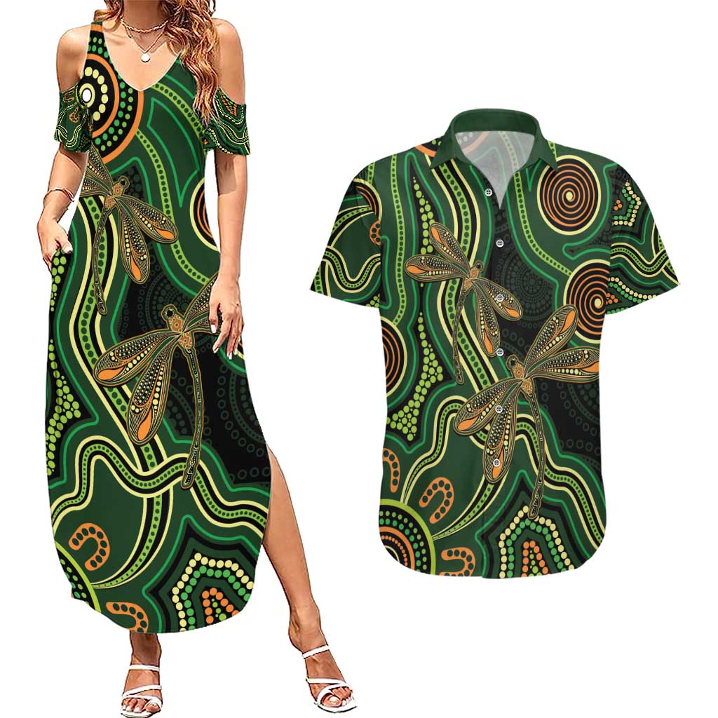 Green Indigenous Dragonfly Australia Couples Matching Summer Maxi Dress and Hawaiian Shirt Aboriginal Art - Aussie Hoodie