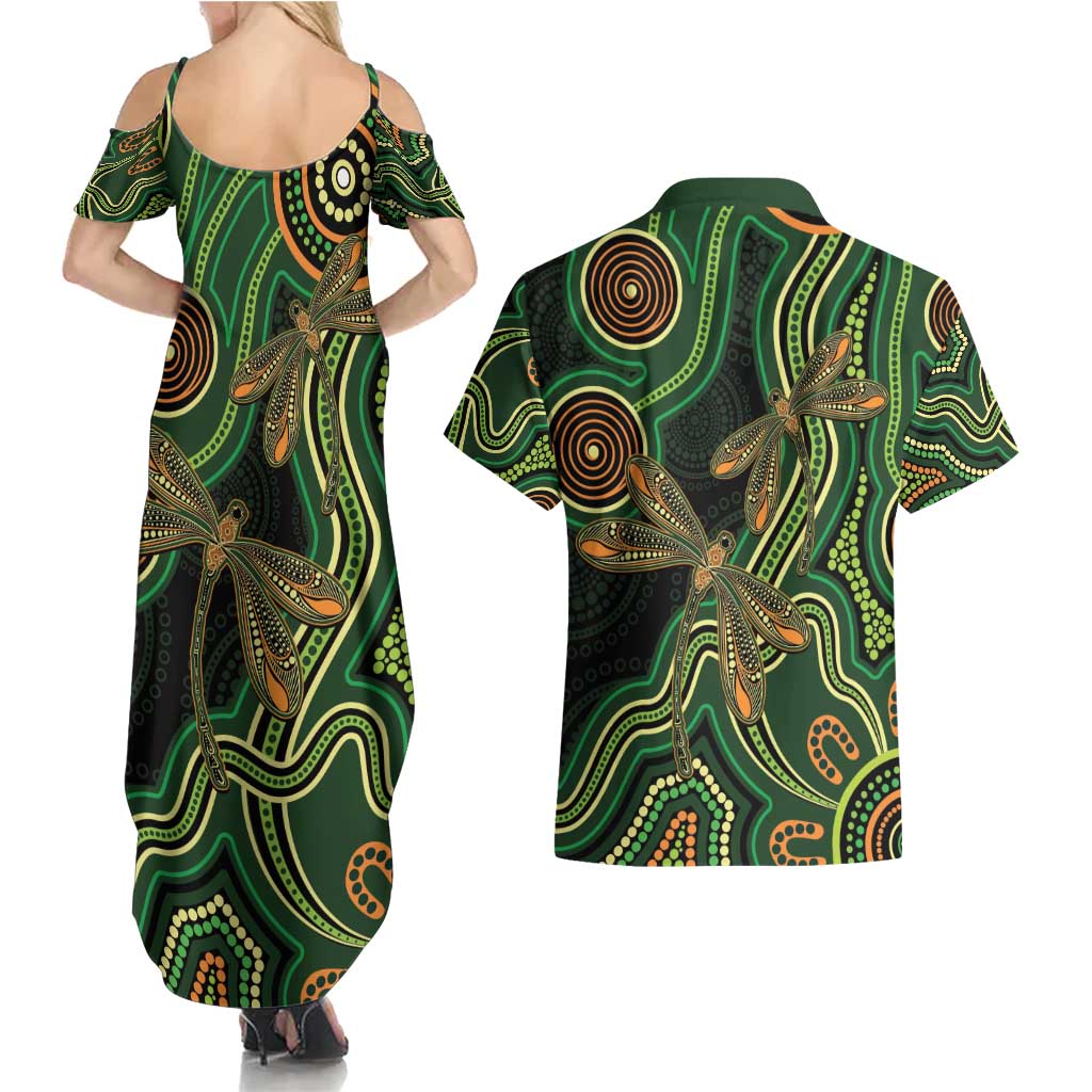Green Indigenous Dragonfly Australia Couples Matching Summer Maxi Dress and Hawaiian Shirt Aboriginal Art - Aussie Hoodie