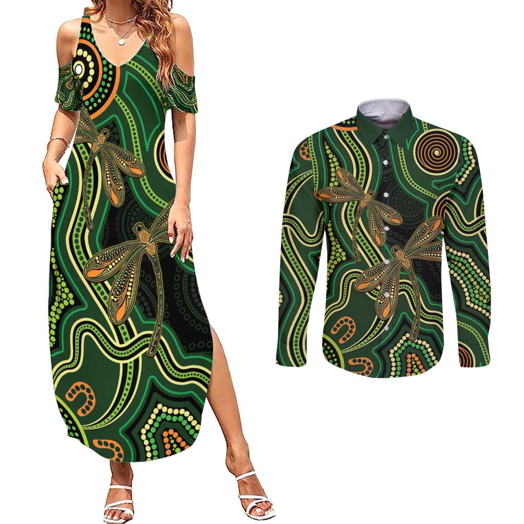 Green Indigenous Dragonfly Australia Couples Matching Summer Maxi Dress and Long Sleeve Button Shirt Aboriginal Art - Aussie Hoodie