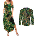 Green Indigenous Dragonfly Australia Couples Matching Summer Maxi Dress and Long Sleeve Button Shirt Aboriginal Art - Aussie Hoodie