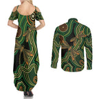 Green Indigenous Dragonfly Australia Couples Matching Summer Maxi Dress and Long Sleeve Button Shirt Aboriginal Art - Aussie Hoodie