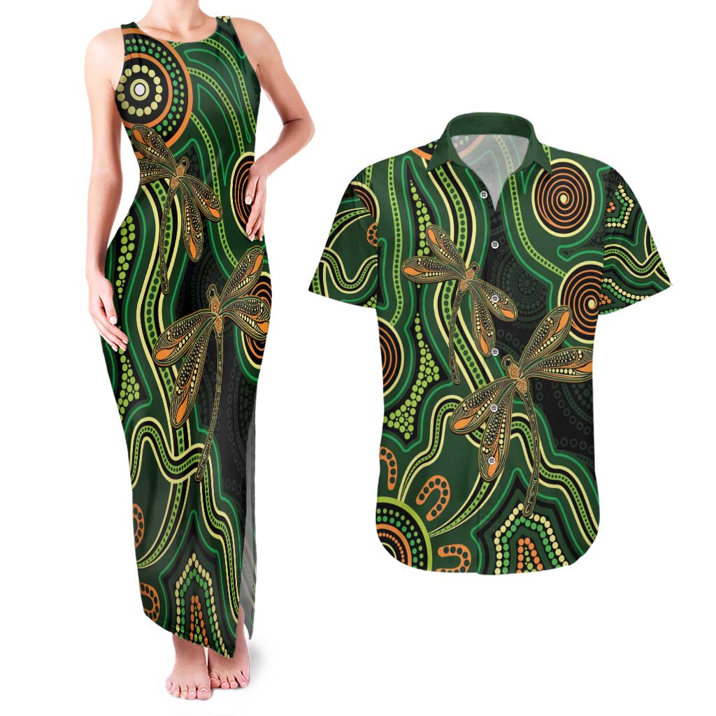 Green Indigenous Dragonfly Australia Couples Matching Tank Maxi Dress and Hawaiian Shirt Aboriginal Art - Aussie Hoodie