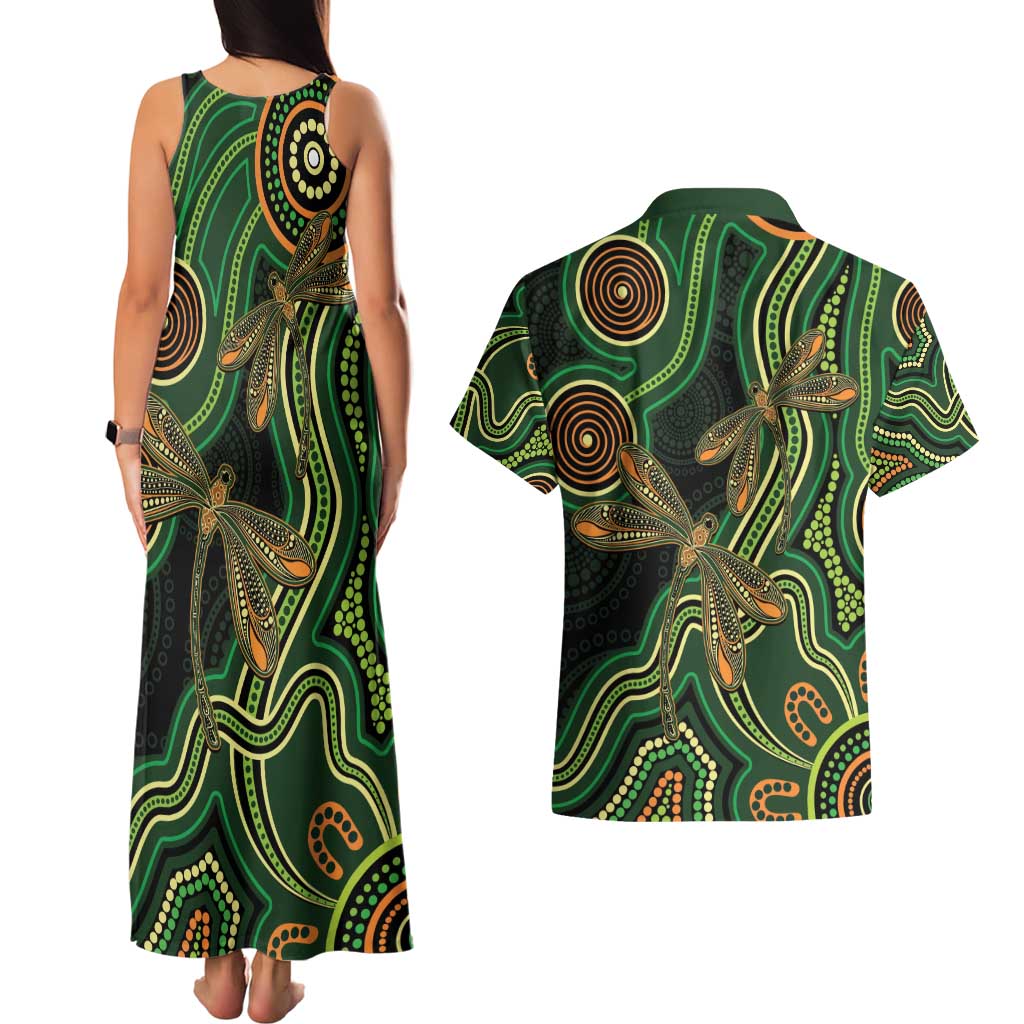 Green Indigenous Dragonfly Australia Couples Matching Tank Maxi Dress and Hawaiian Shirt Aboriginal Art - Aussie Hoodie