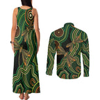 Green Indigenous Dragonfly Australia Couples Matching Tank Maxi Dress and Long Sleeve Button Shirt Aboriginal Art - Aussie Hoodie