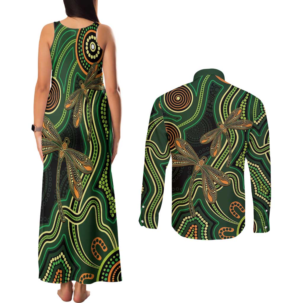 Green Indigenous Dragonfly Australia Couples Matching Tank Maxi Dress and Long Sleeve Button Shirt Aboriginal Art - Aussie Hoodie