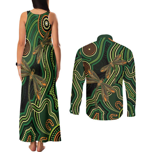 Green Indigenous Dragonfly Australia Couples Matching Tank Maxi Dress and Long Sleeve Button Shirt Aboriginal Art - Aussie Hoodie