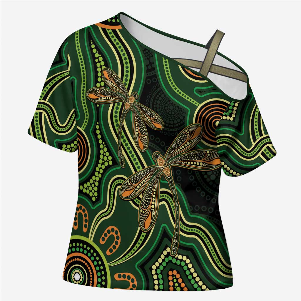 Green Indigenous Dragonfly Australia Cross Shoulder Shirt Aboriginal Art - Aussie Hoodie