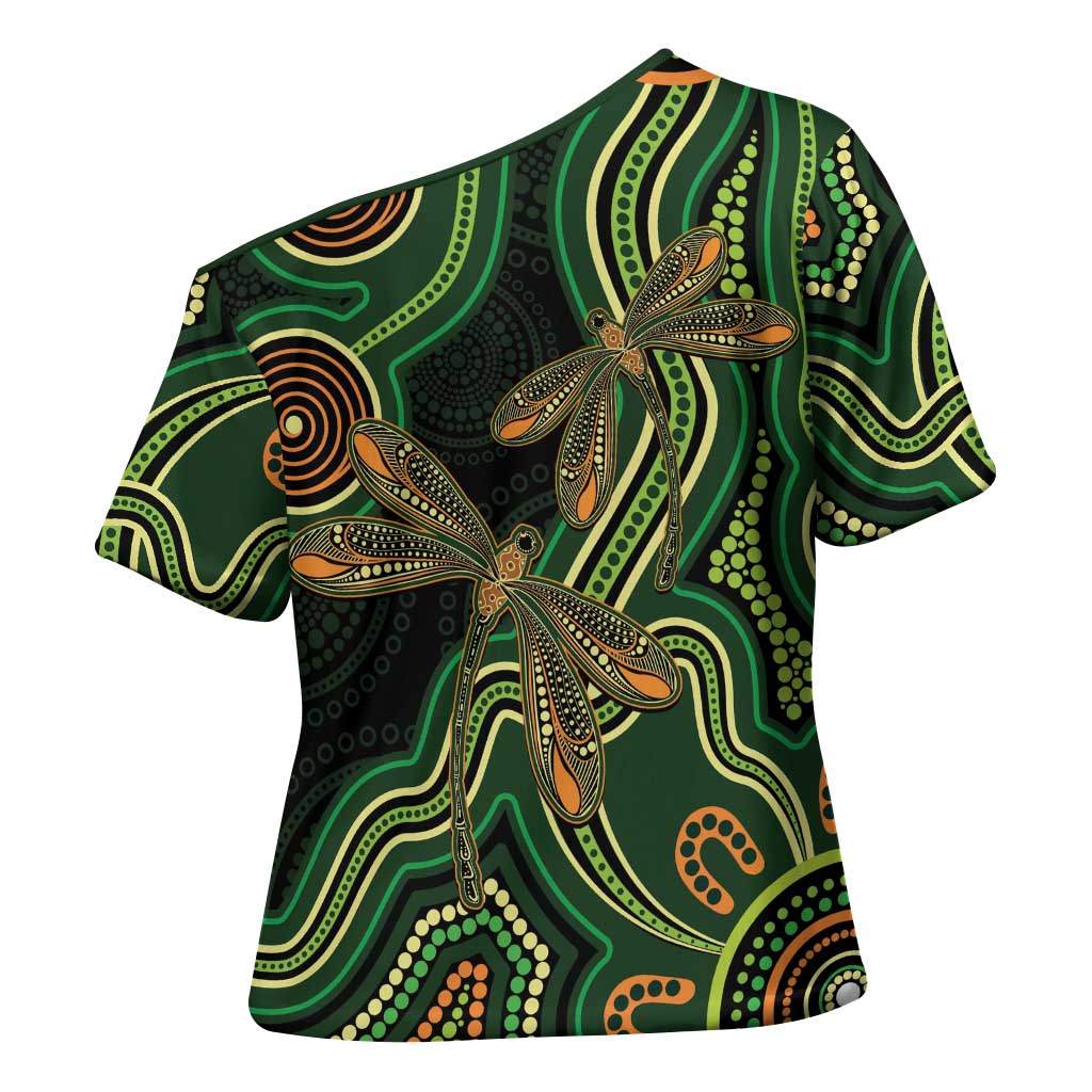Green Indigenous Dragonfly Australia Cross Shoulder Shirt Aboriginal Art - Aussie Hoodie