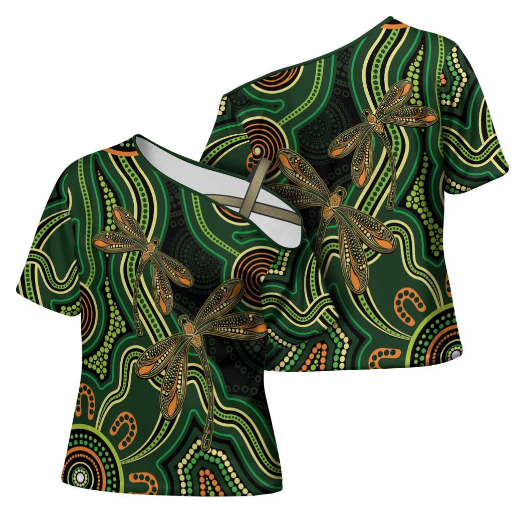 Green Indigenous Dragonfly Australia Cross Shoulder Shirt Aboriginal Art - Aussie Hoodie
