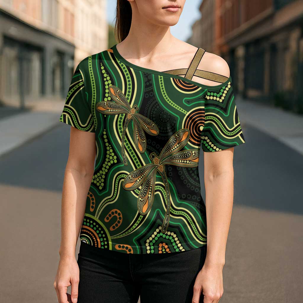 Green Indigenous Dragonfly Australia Cross Shoulder Shirt Aboriginal Art - Aussie Hoodie