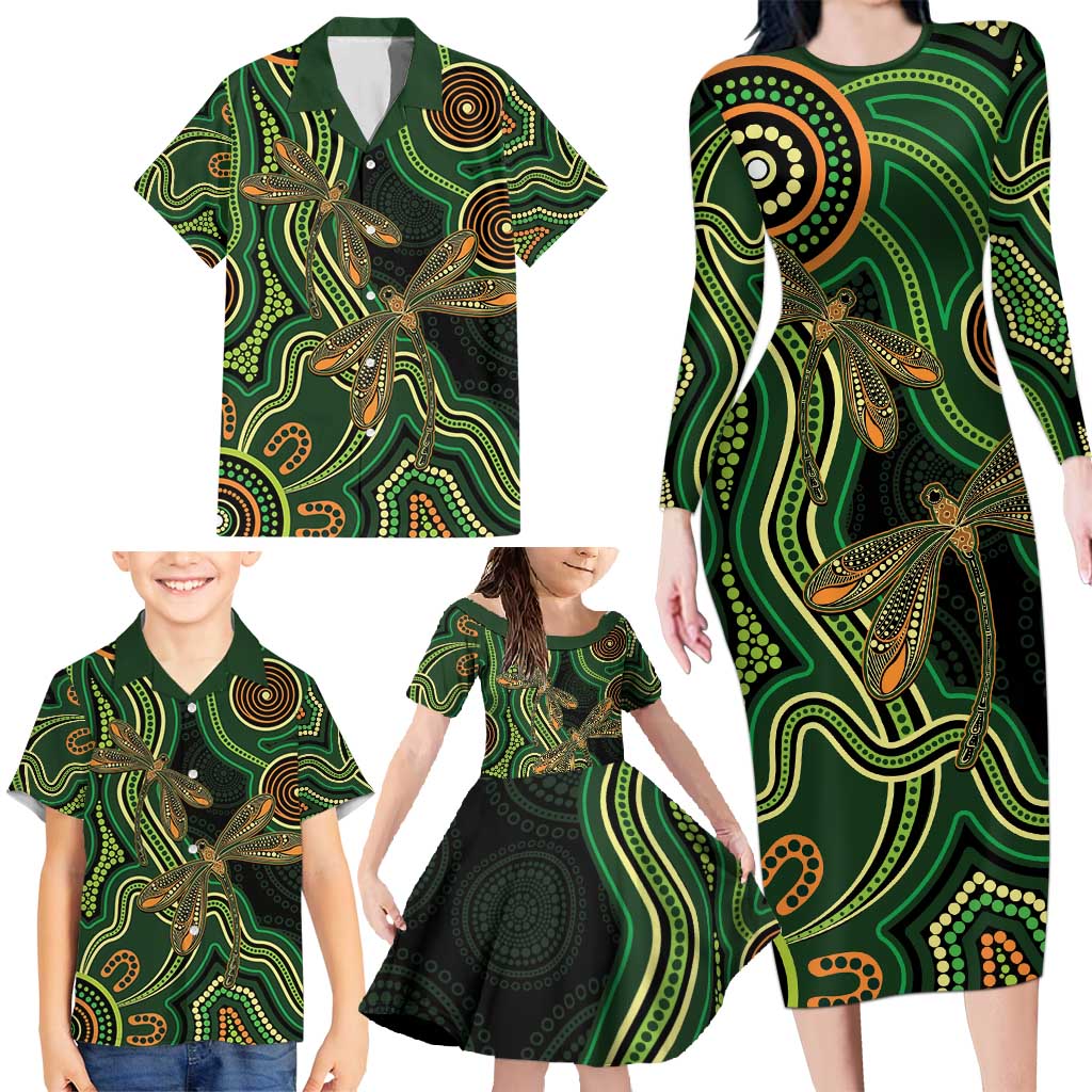 Green Indigenous Dragonfly Australia Family Matching Long Sleeve Bodycon Dress and Hawaiian Shirt Aboriginal Art - Aussie Hoodie