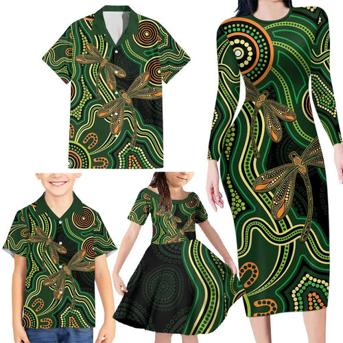 Green Indigenous Dragonfly Australia Family Matching Long Sleeve Bodycon Dress and Hawaiian Shirt Aboriginal Art - Aussie Hoodie