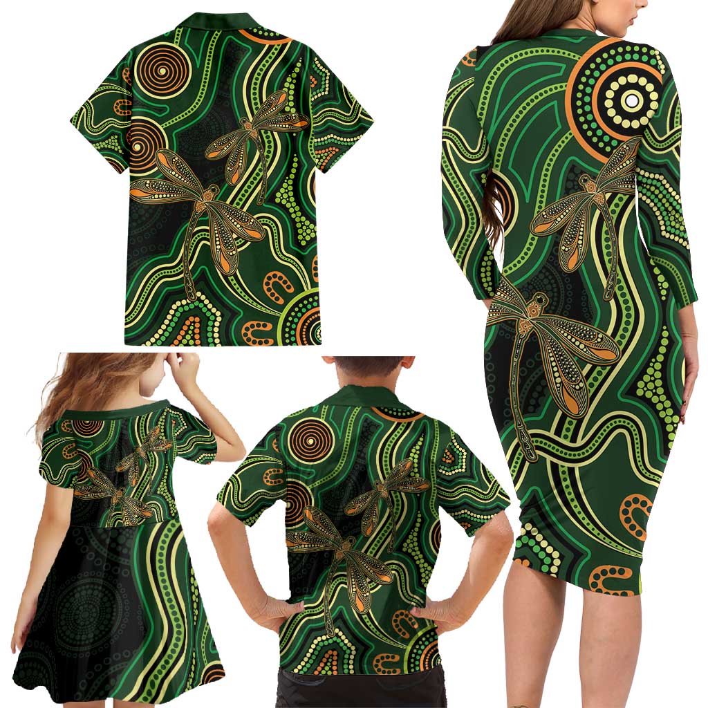 Green Indigenous Dragonfly Australia Family Matching Long Sleeve Bodycon Dress and Hawaiian Shirt Aboriginal Art - Aussie Hoodie