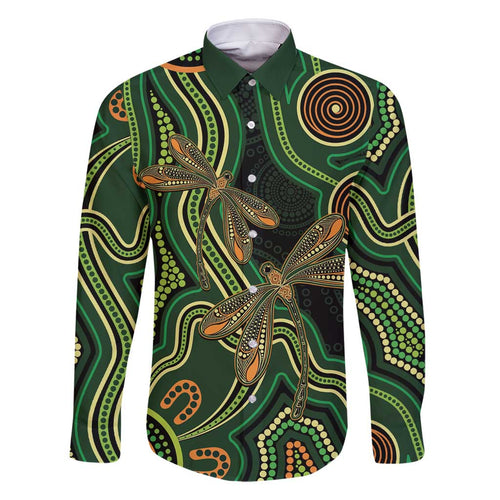 Green Indigenous Dragonfly Australia Family Matching Long Sleeve Bodycon Dress and Hawaiian Shirt Aboriginal Art - Aussie Hoodie