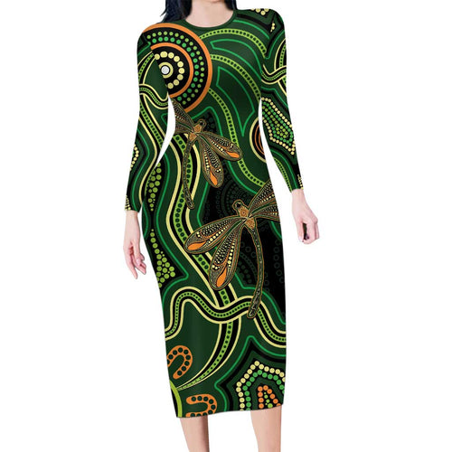 Green Indigenous Dragonfly Australia Family Matching Long Sleeve Bodycon Dress and Hawaiian Shirt Aboriginal Art - Aussie Hoodie