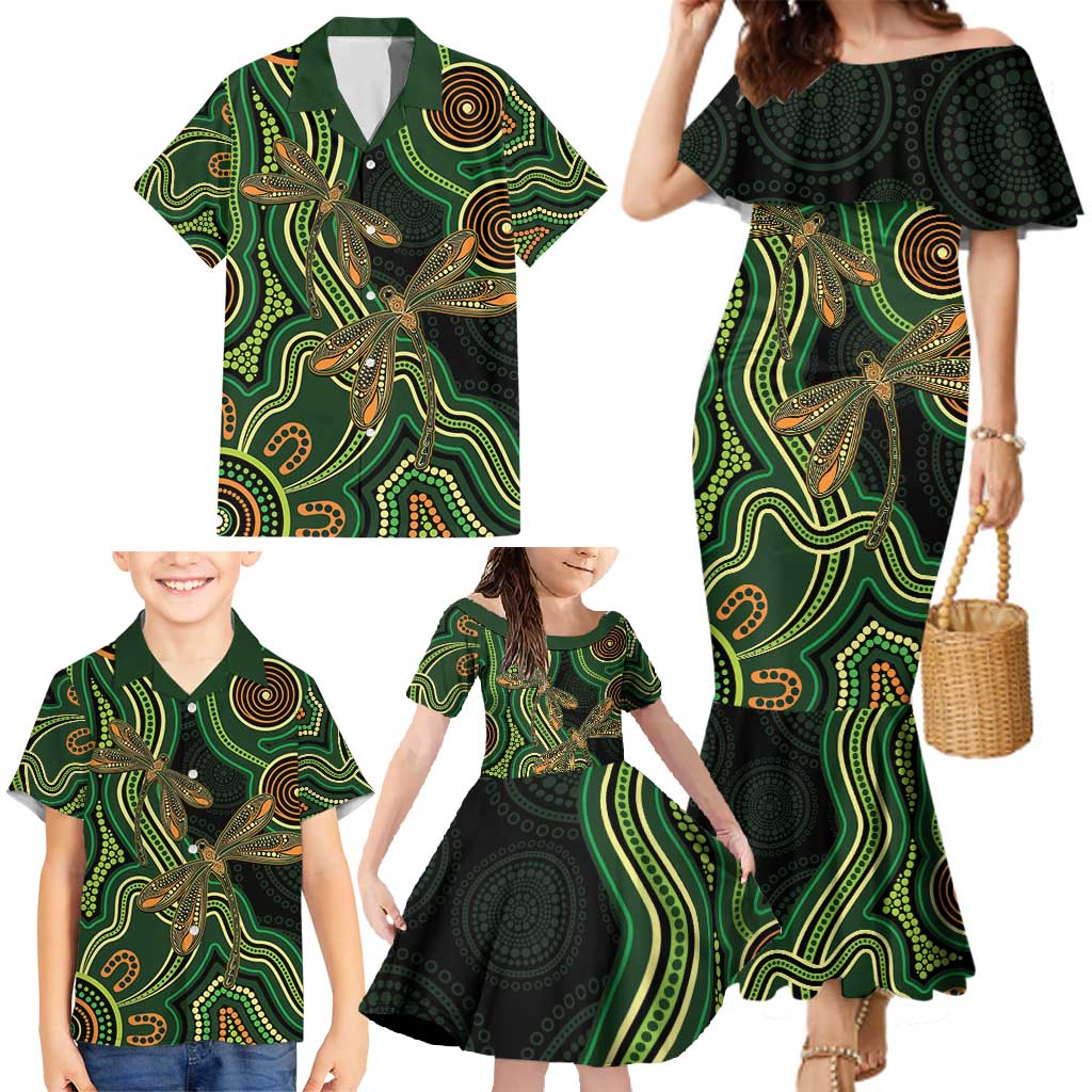 Green Indigenous Dragonfly Australia Family Matching Mermaid Dress and Hawaiian Shirt Aboriginal Art - Aussie Hoodie