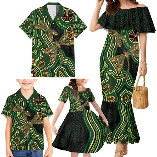 Green Indigenous Dragonfly Australia Family Matching Mermaid Dress and Hawaiian Shirt Aboriginal Art - Aussie Hoodie