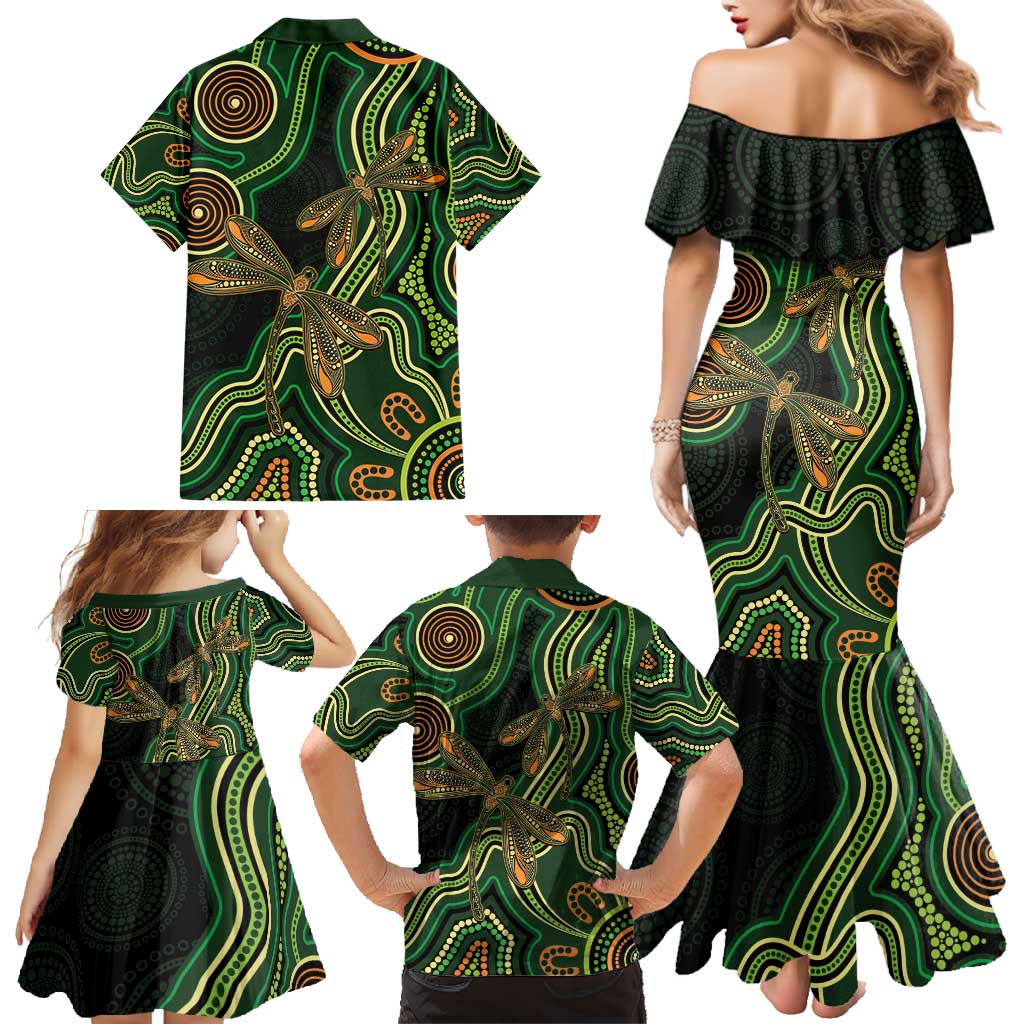 Green Indigenous Dragonfly Australia Family Matching Mermaid Dress and Hawaiian Shirt Aboriginal Art - Aussie Hoodie