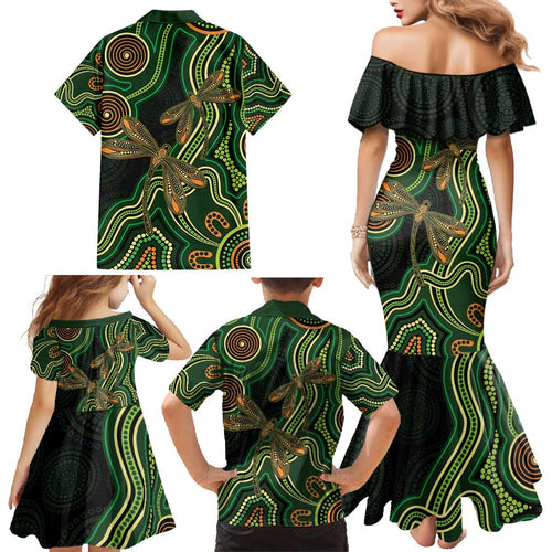 Green Indigenous Dragonfly Australia Family Matching Mermaid Dress and Hawaiian Shirt Aboriginal Art - Aussie Hoodie