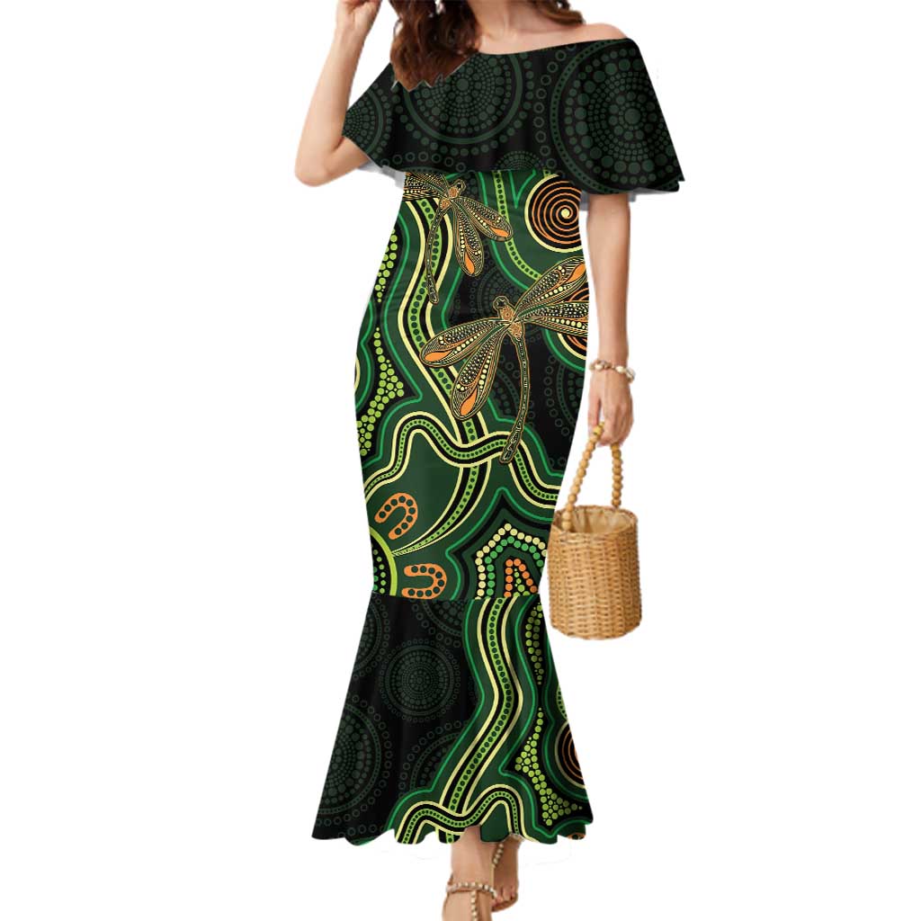 Green Indigenous Dragonfly Australia Family Matching Mermaid Dress and Hawaiian Shirt Aboriginal Art - Aussie Hoodie