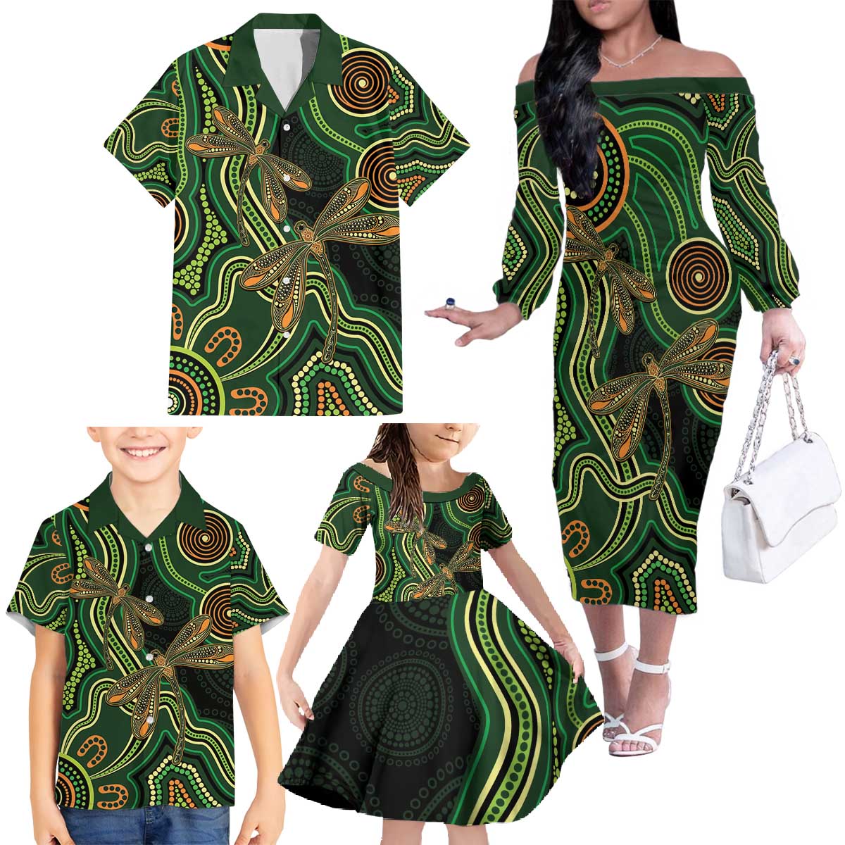 Green Indigenous Dragonfly Australia Family Matching Off The Shoulder Long Sleeve Dress and Hawaiian Shirt Aboriginal Art - Aussie Hoodie