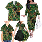 Green Indigenous Dragonfly Australia Family Matching Off The Shoulder Long Sleeve Dress and Hawaiian Shirt Aboriginal Art - Aussie Hoodie