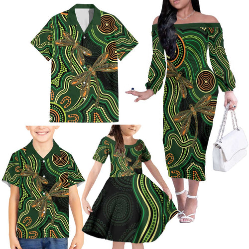 Green Indigenous Dragonfly Australia Family Matching Off The Shoulder Long Sleeve Dress and Hawaiian Shirt Aboriginal Art - Aussie Hoodie