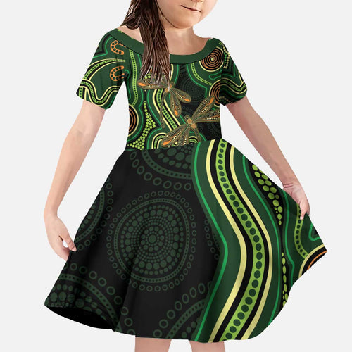 Green Indigenous Dragonfly Australia Family Matching Off The Shoulder Long Sleeve Dress and Hawaiian Shirt Aboriginal Art - Aussie Hoodie