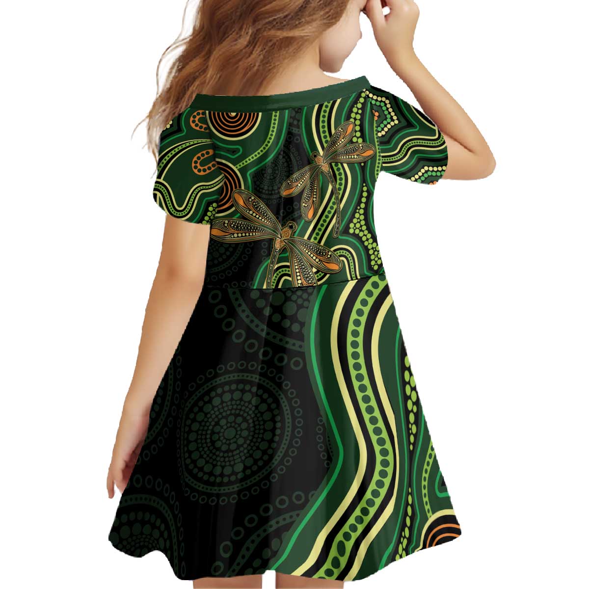 Green Indigenous Dragonfly Australia Family Matching Off The Shoulder Long Sleeve Dress and Hawaiian Shirt Aboriginal Art - Aussie Hoodie