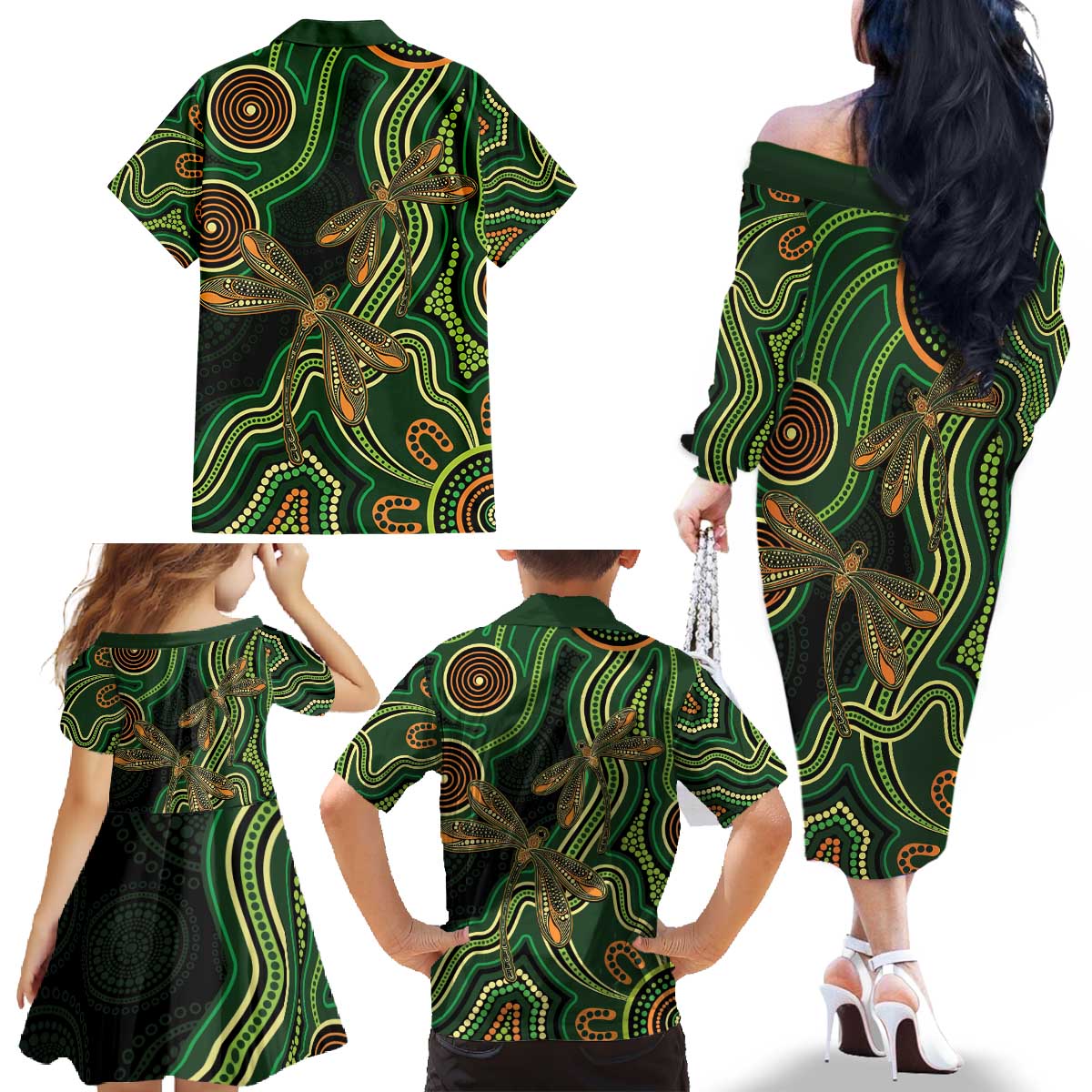Green Indigenous Dragonfly Australia Family Matching Off The Shoulder Long Sleeve Dress and Hawaiian Shirt Aboriginal Art - Aussie Hoodie