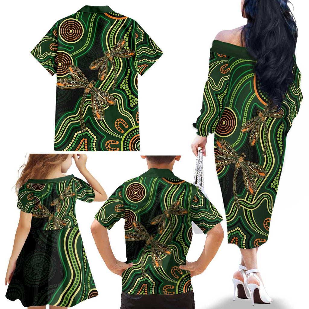 Green Indigenous Dragonfly Australia Family Matching Off The Shoulder Long Sleeve Dress and Hawaiian Shirt Aboriginal Art - Aussie Hoodie