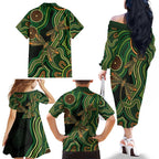 Green Indigenous Dragonfly Australia Family Matching Off The Shoulder Long Sleeve Dress and Hawaiian Shirt Aboriginal Art - Aussie Hoodie