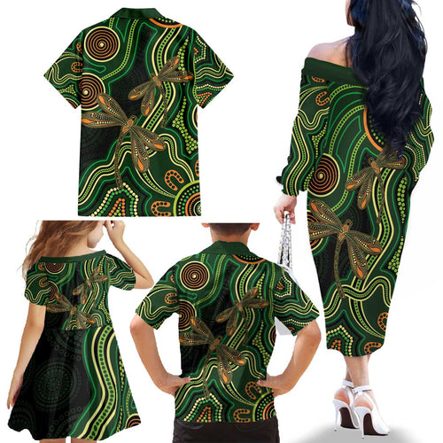 Green Indigenous Dragonfly Australia Family Matching Off The Shoulder Long Sleeve Dress and Hawaiian Shirt Aboriginal Art - Aussie Hoodie