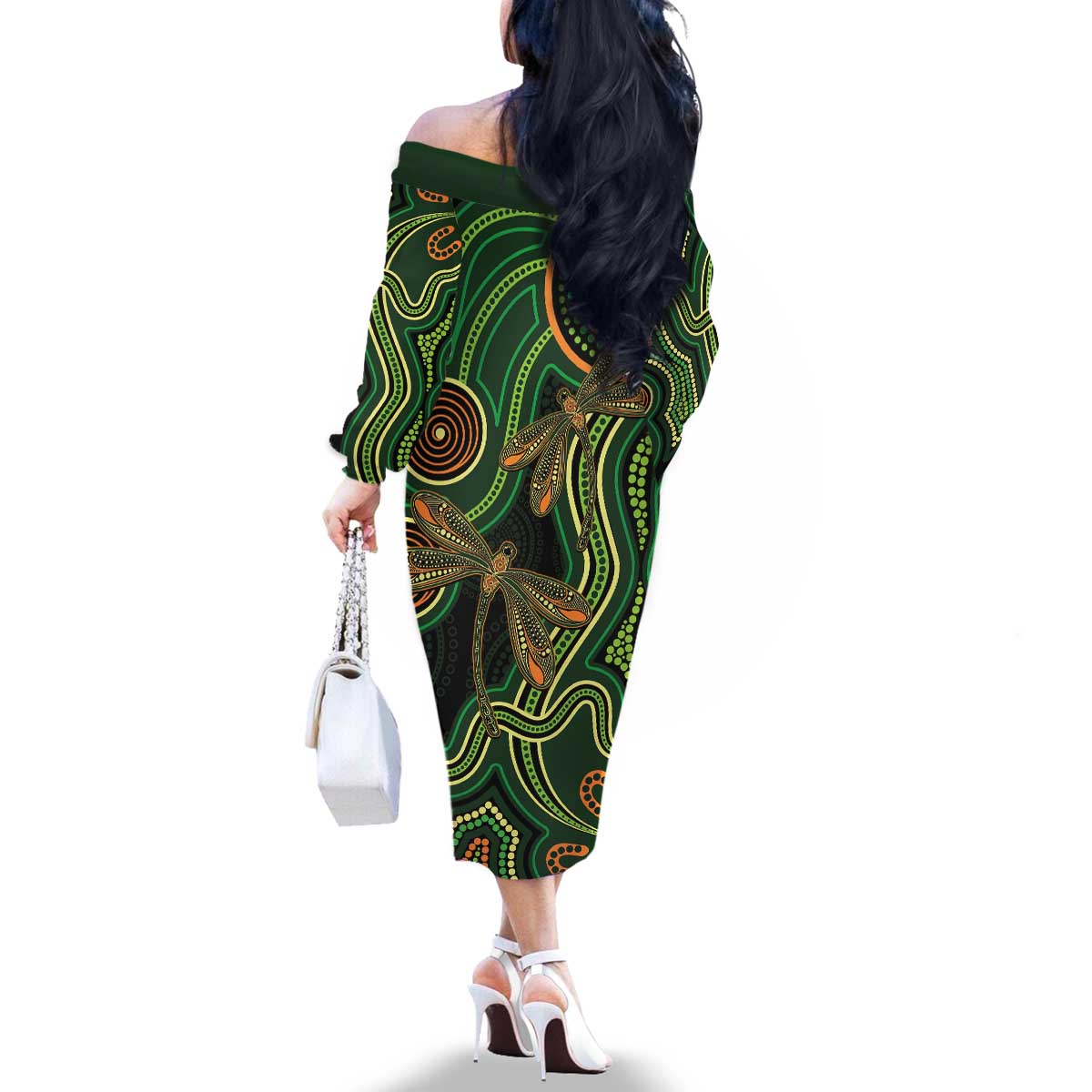 Green Indigenous Dragonfly Australia Family Matching Off The Shoulder Long Sleeve Dress and Hawaiian Shirt Aboriginal Art - Aussie Hoodie