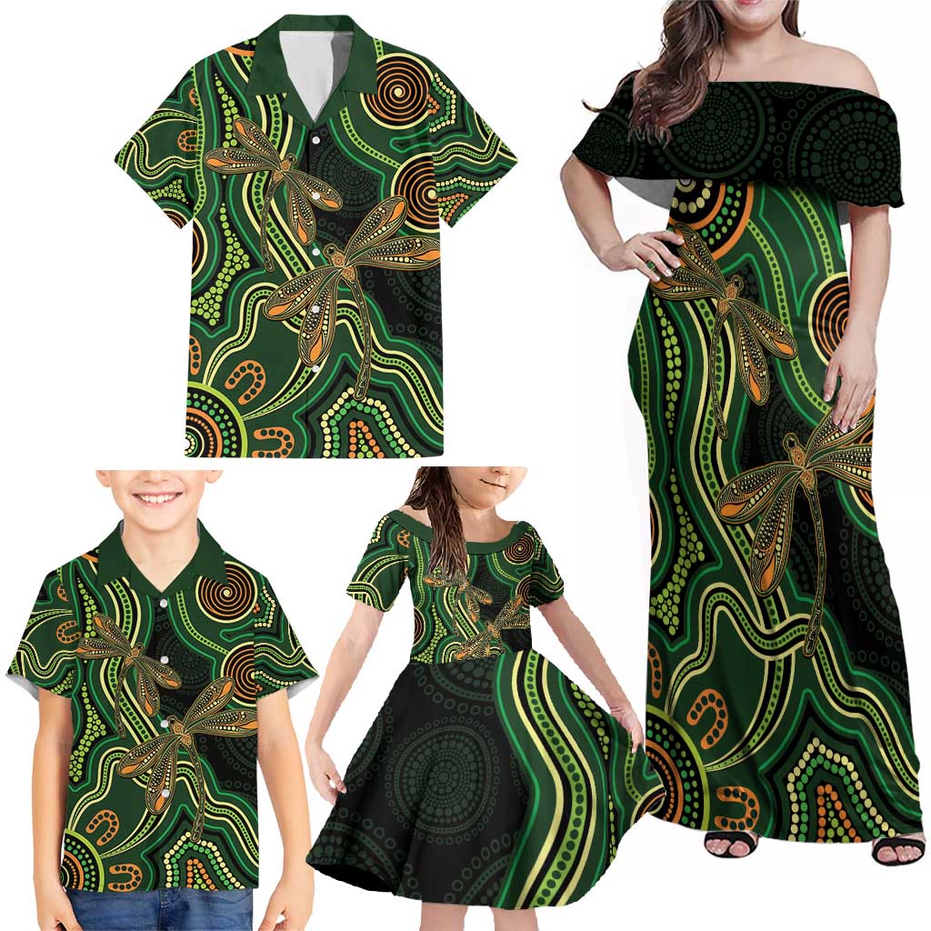 Green Indigenous Dragonfly Australia Family Matching Off Shoulder Maxi Dress and Hawaiian Shirt Aboriginal Art - Aussie Hoodie