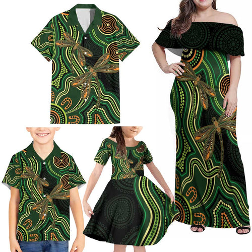 Green Indigenous Dragonfly Australia Family Matching Off Shoulder Maxi Dress and Hawaiian Shirt Aboriginal Art - Aussie Hoodie