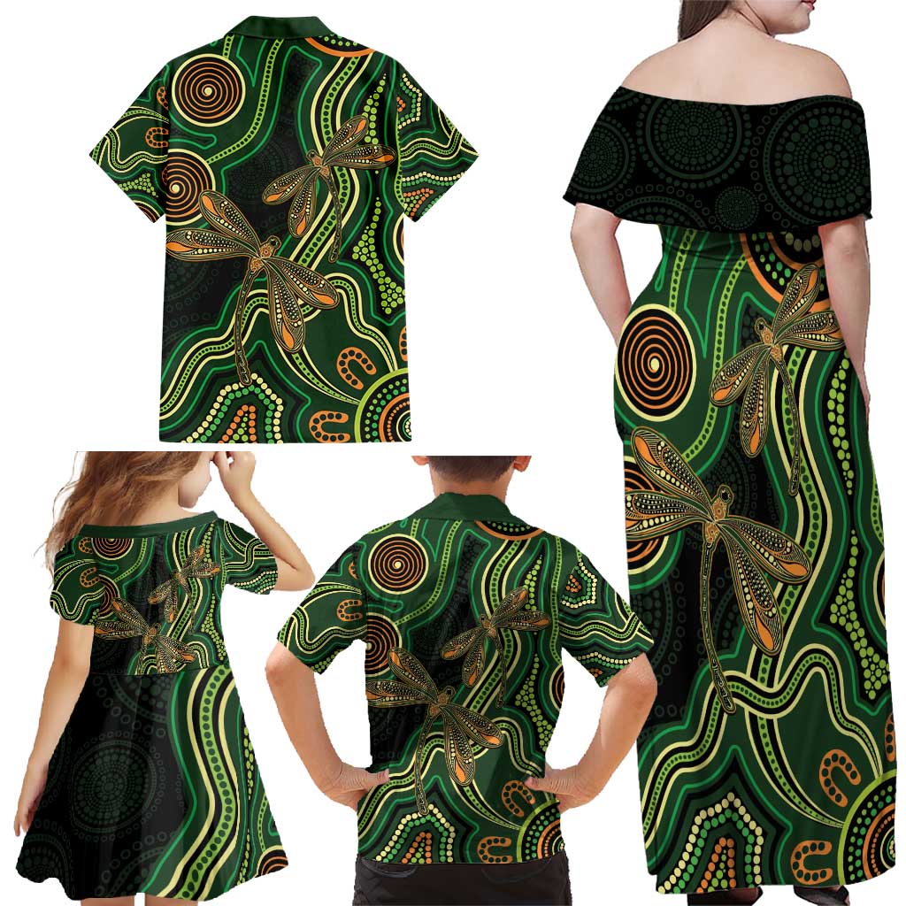 Green Indigenous Dragonfly Australia Family Matching Off Shoulder Maxi Dress and Hawaiian Shirt Aboriginal Art - Aussie Hoodie