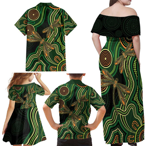 Green Indigenous Dragonfly Australia Family Matching Off Shoulder Maxi Dress and Hawaiian Shirt Aboriginal Art - Aussie Hoodie