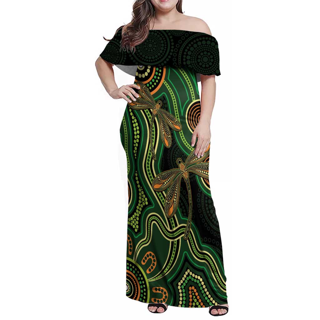 Green Indigenous Dragonfly Australia Family Matching Off Shoulder Maxi Dress and Hawaiian Shirt Aboriginal Art - Aussie Hoodie