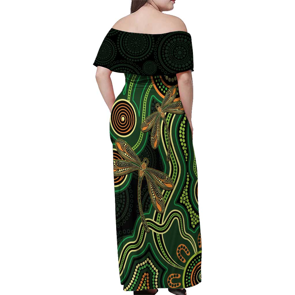 Green Indigenous Dragonfly Australia Family Matching Off Shoulder Maxi Dress and Hawaiian Shirt Aboriginal Art - Aussie Hoodie