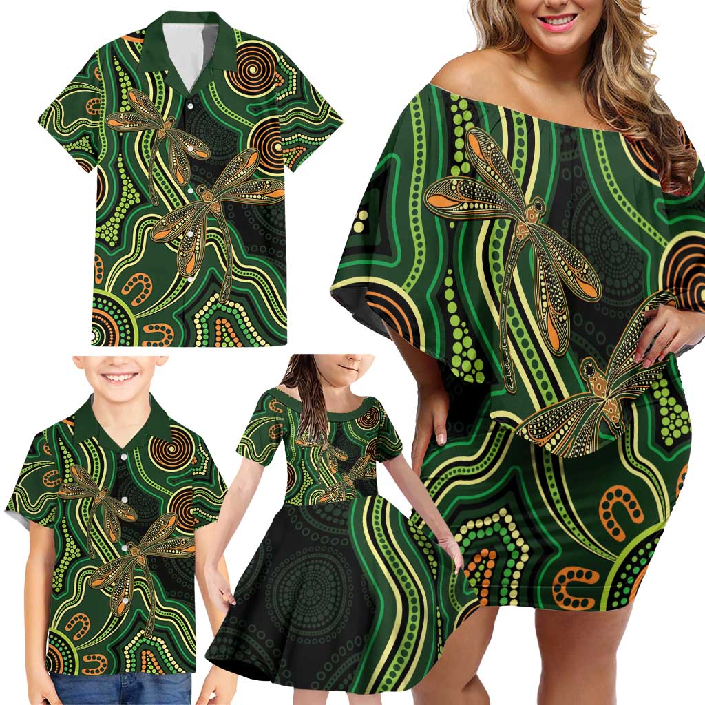 Green Indigenous Dragonfly Australia Family Matching Off Shoulder Short Dress and Hawaiian Shirt Aboriginal Art - Aussie Hoodie