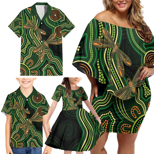Green Indigenous Dragonfly Australia Family Matching Off Shoulder Short Dress and Hawaiian Shirt Aboriginal Art - Aussie Hoodie