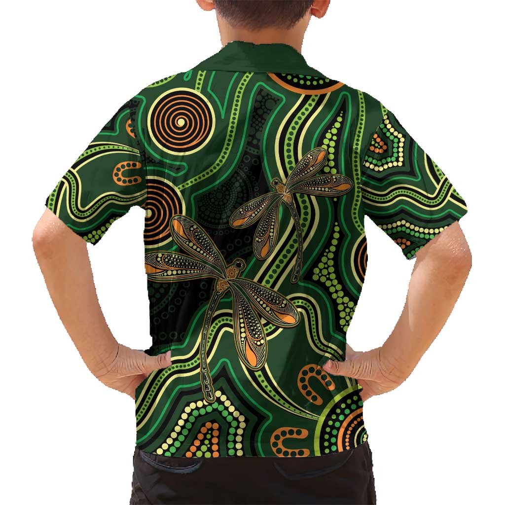 Green Indigenous Dragonfly Australia Family Matching Off Shoulder Short Dress and Hawaiian Shirt Aboriginal Art - Aussie Hoodie