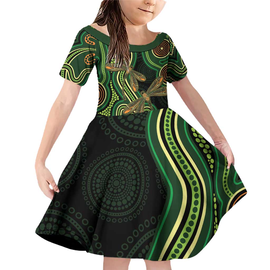Green Indigenous Dragonfly Australia Family Matching Off Shoulder Short Dress and Hawaiian Shirt Aboriginal Art - Aussie Hoodie