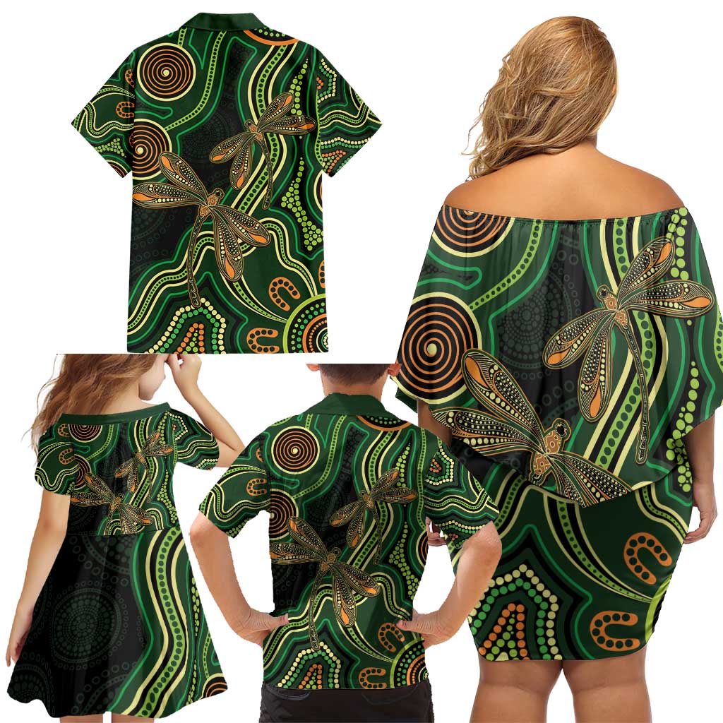 Green Indigenous Dragonfly Australia Family Matching Off Shoulder Short Dress and Hawaiian Shirt Aboriginal Art - Aussie Hoodie