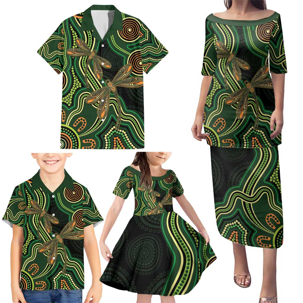 Green Indigenous Dragonfly Australia Family Matching Puletasi and Hawaiian Shirt Aboriginal Art - Aussie Hoodie