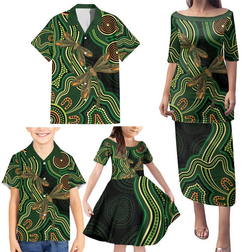 Green Indigenous Dragonfly Australia Family Matching Puletasi and Hawaiian Shirt Aboriginal Art - Aussie Hoodie