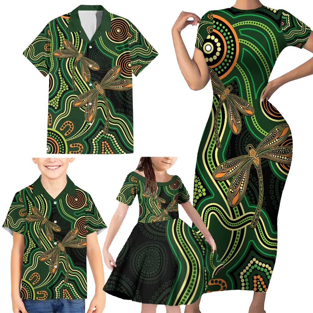 Green Indigenous Dragonfly Australia Family Matching Short Sleeve Bodycon Dress and Hawaiian Shirt Aboriginal Art - Aussie Hoodie