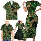 Green Indigenous Dragonfly Australia Family Matching Short Sleeve Bodycon Dress and Hawaiian Shirt Aboriginal Art - Aussie Hoodie