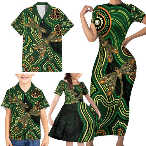 Green Indigenous Dragonfly Australia Family Matching Short Sleeve Bodycon Dress and Hawaiian Shirt Aboriginal Art - Aussie Hoodie